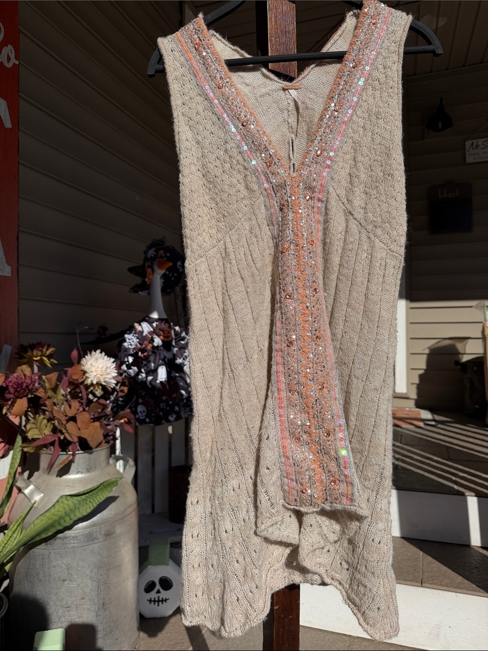 Vintage Free People Beige Knit V‑Neck Top